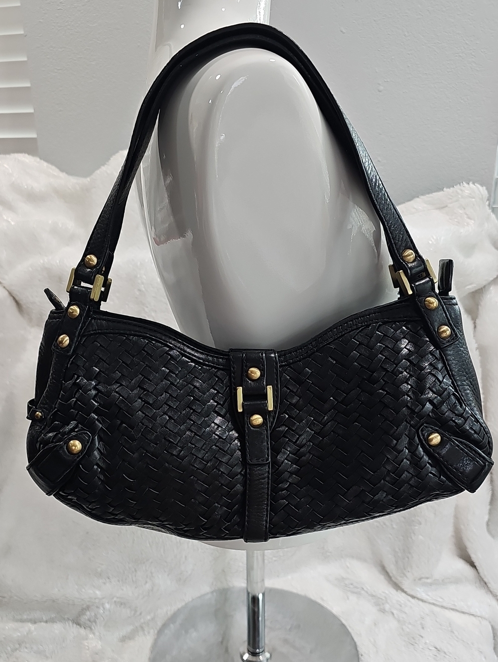 Cole Haan Black Woven Leather Shoulder Bag with Gold Hardware